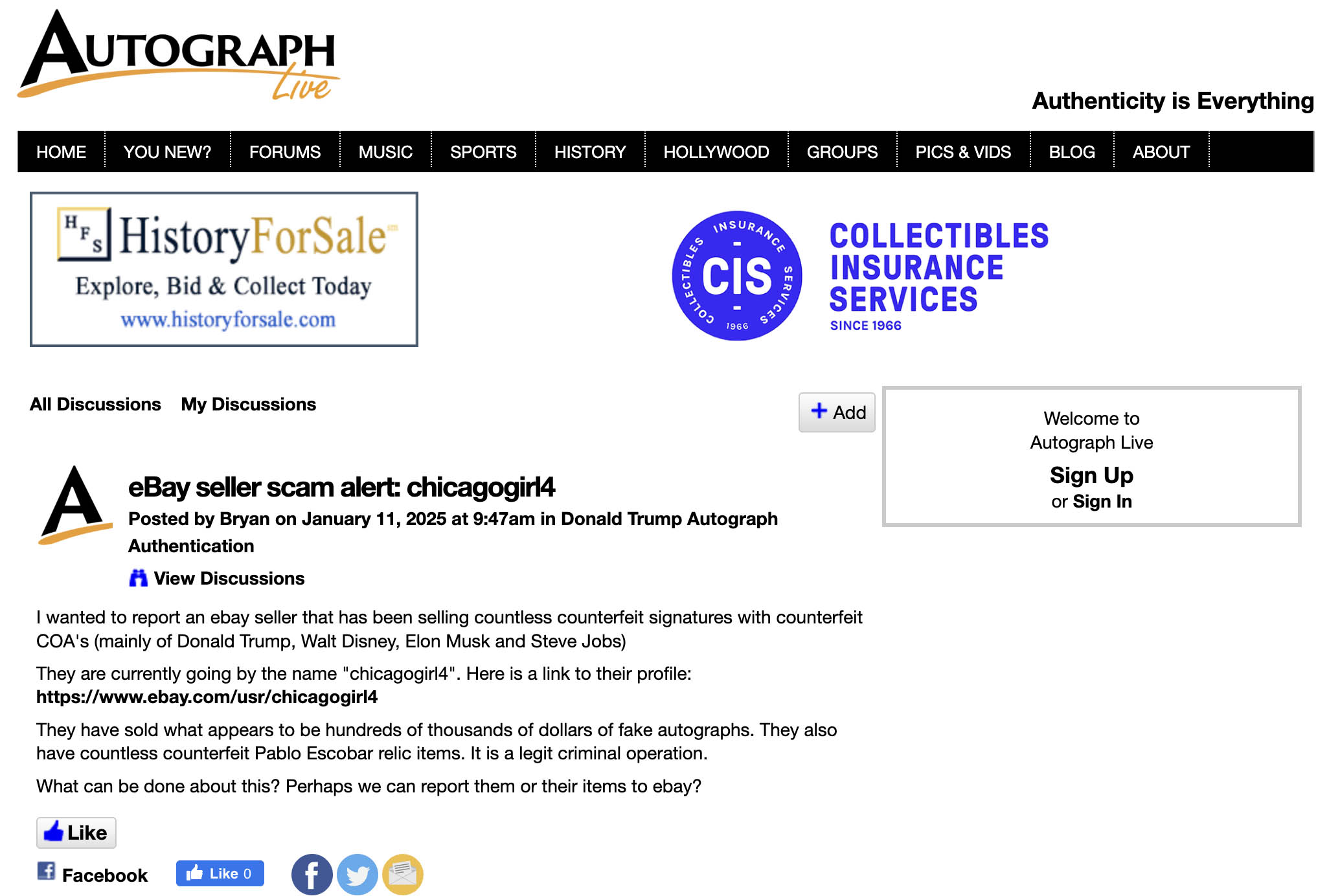 eBay seller scam alert discussion about chicagogirl4 selling counterfeit autographs
