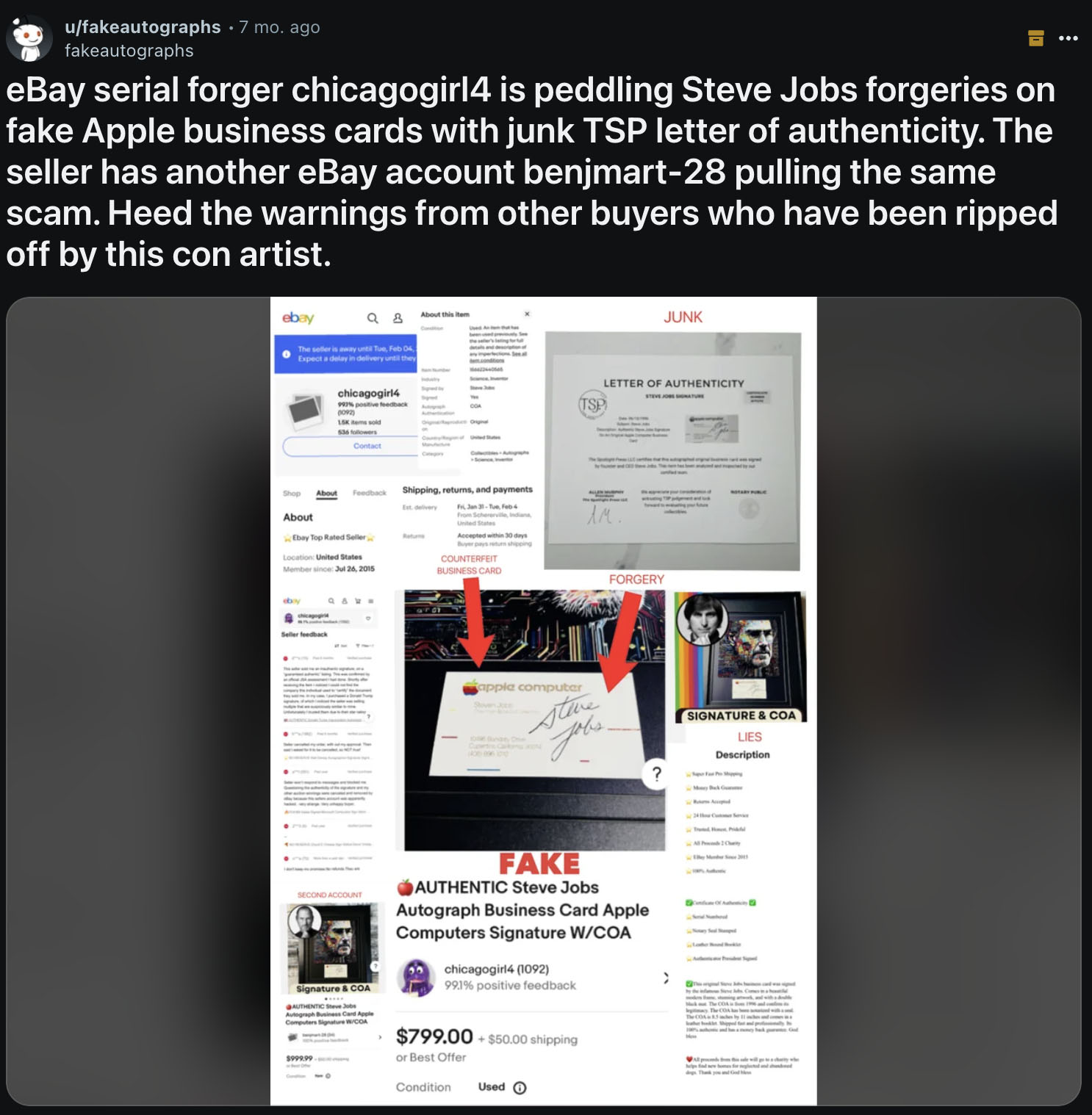Reddit post exposing fake autograph scam