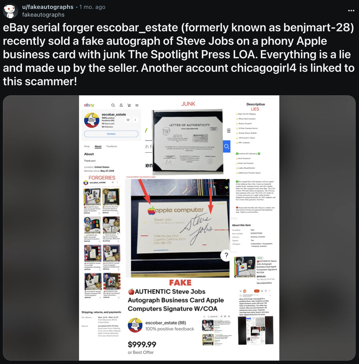 Reddit post exposing another fake autograph scam